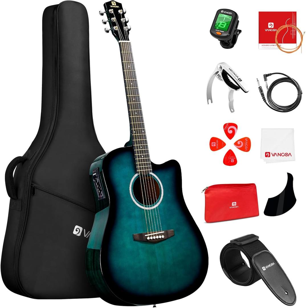 Vangoa Acoustic Electric Guitar Bundle for Beginner Teen Adult Full Size Cutaway Acoustic Guitar Starter Kit Set with Built-in Pickups Bag Tuner Strap Capo Picks Cable, Glossy Green