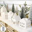 Christmas Decorations - Christmas Village Sets of 5 Lighted Ceramic Houses with Remote Control & 9 Trees - Indoor White Xmas Holiday Rustic Unique Decor for Home Table Room Farmhouse Decoration