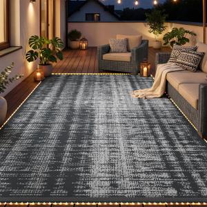 MontVoo Outdoor Rug Waterproof 8x10 ft with Strip Lights Outdoor Patio Rug Mat Reversible Plastic Straw Rug Outside Outdoor Rug for RV Camping Picnic Balcony Backyard
