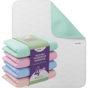 Incontinence Bed Pads - 4 Pack 18 x 24 Reusable Waterproof Mattress Protectors - Highly Absorbent, Machine Washable - for Children, Pets and Seniors - Assorted Colors - Royal Care (Multicolor)
