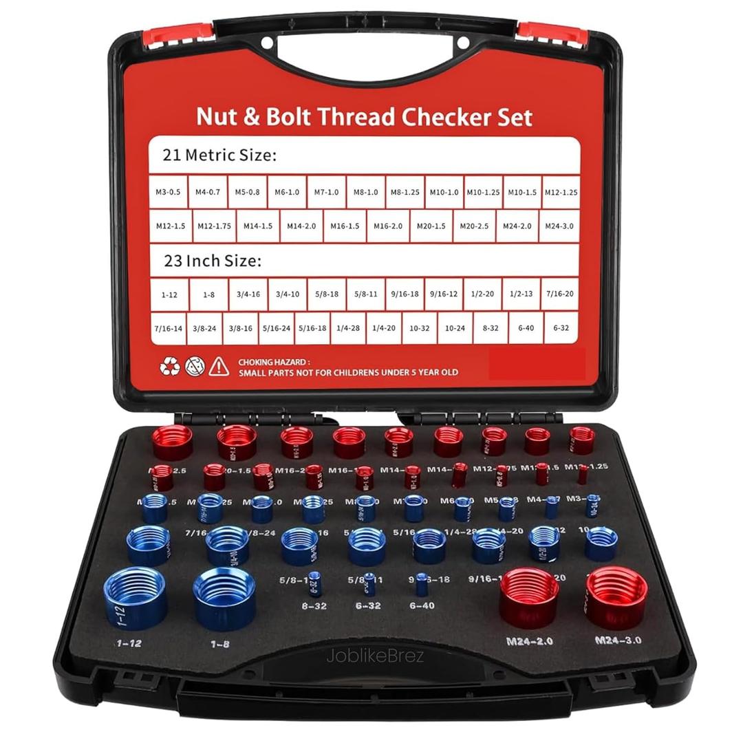 Thread Checker, 44pcs Nut and Bolt Thread Checker, 23 SAE & 21 Metric Box Set Thread Gauge, Nut and Bolt Identifier Gauge Suitable for Size Checker of Bolts or Nuts in Narrow Areas