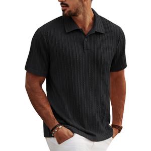 Mens Textured Polo Shirts Short Sleeve Classic Casual Collared Knit Polo Summer Golf Polo Shirts Black (Black, S)
