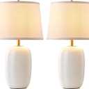 PUSU 22 Inch White Ceramic Table Lamps Set of 2, Fabric Lampshade Living Room Office Desk lamp, E26 Socket Rotary Switch Lighting for Bedroom, Nightstand, Reading, Office, Study, Corner, Home Decor
