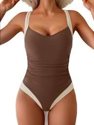 B2prity One Piece Swimsuit for Women Tummy Control Slimming Bathing Suit Push Up Ruched Swim Suit Criss Cross Swimwear Brown, White 2XL