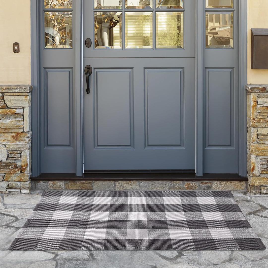HOMEMONDE Checked Indoor Outdoor Area Rug 3'x5' Grey and White Cotton Buffalo Plaid Rug Washable Doormats for Layered Front Door Mats, Porch, Kitchen, Farmhouse, Living Room, Bedroom, Entryway