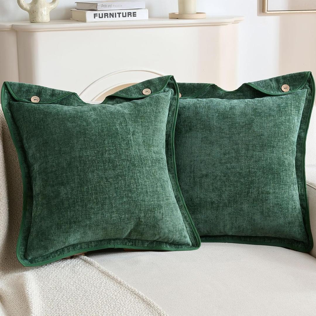 FUTEI Pack of 2 Chenille Buttons Throw Pillow Covers 18x18 Inch Soft Piped Edges Decorative Cushion Case Neutral Farmhouse Accent for Couch Living Room, Dark Green