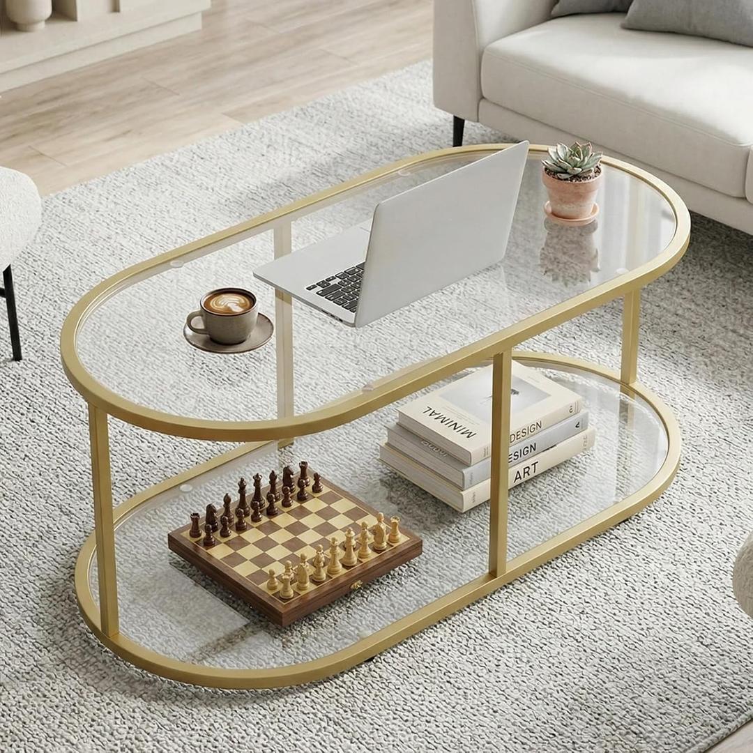 Coffee Table Gold Glass Coffee Table for Living Room,2 Tiers Oval Center Table with Sturdy Metal Frame,Modern Tempered Glass Accent Table for Bedroom Home Office