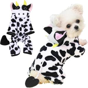 Halloween Dog Cow Costume Pajamas Farm Animal Winter Warm Pet Hoodie Clothes Funny Cute Puppy Pjs for Small Medium Doggy Cat Chihuahua Yorkie Cosplay (Small)