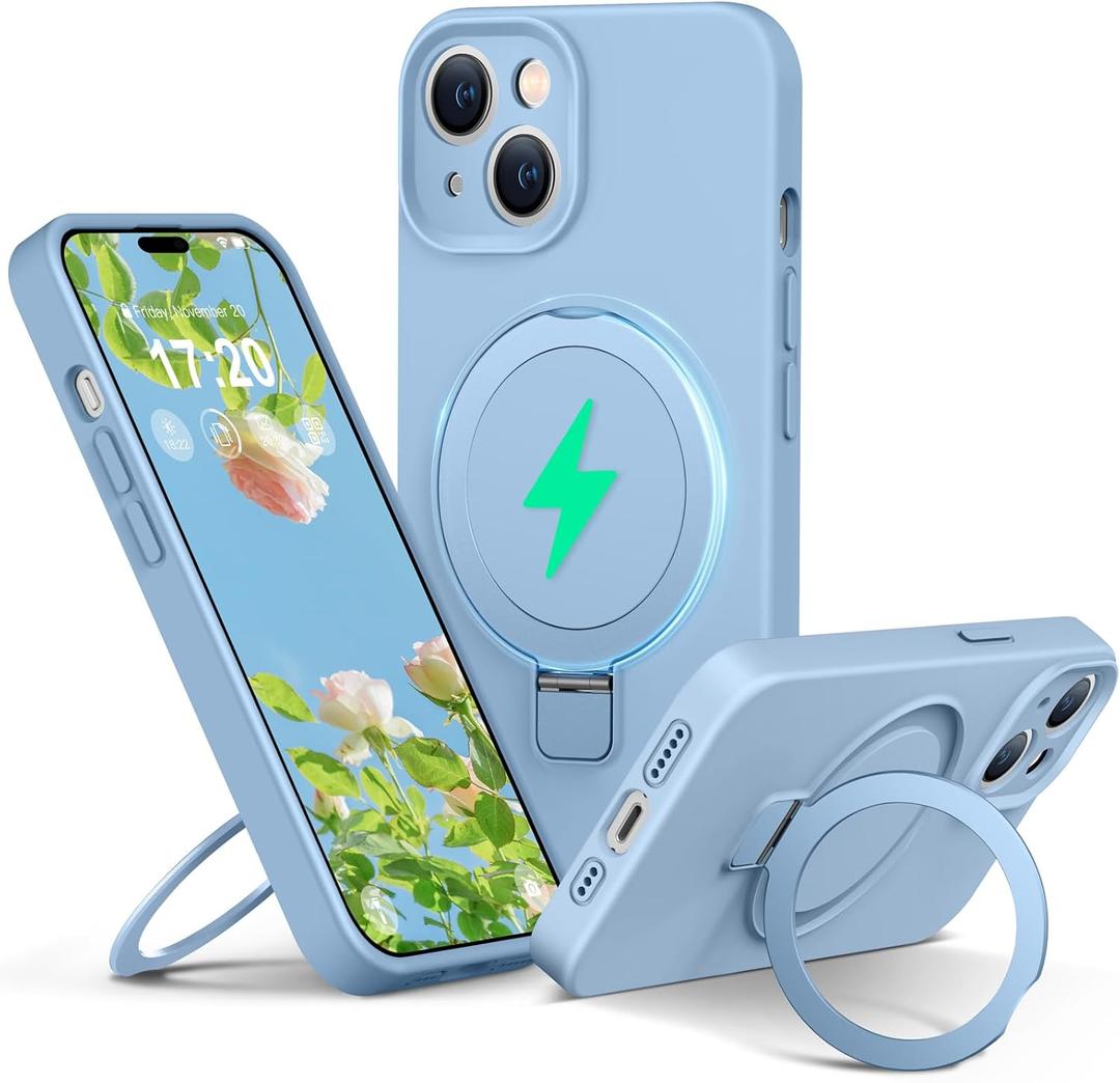 Liquid Silicone Case for iPhone 15 with Magnetic Ring Stand, Upgraded Camera Lens Protection, Mil-Grade Drop Shockproof, Anti-Scratch Microfiber Lining Silicone Case (Azure Blue)