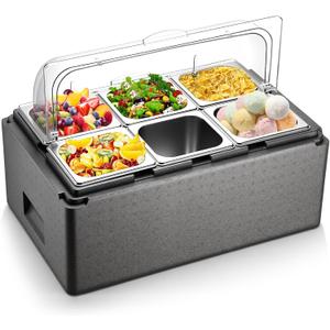 23.4" Insulated Cold Food Buffet 6 Pans Ice Serving Tray with Clear Rolling Lid and Insulation Box Stainless Steel Food Serving Container Ice Platter Cooler for Restaurant Kitchen, 23.4 x 14.9 x 11.6 inches