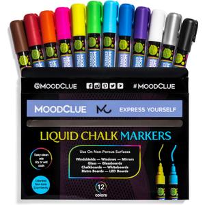 MoodClue Liquid chalk markers 12 neon erasable Whiteboards, glass boards, chalkboards, windows, mirrors, car windshields, auto, glass. Odorless, non-toxic. Wet or dry erase. Thick and thin tip