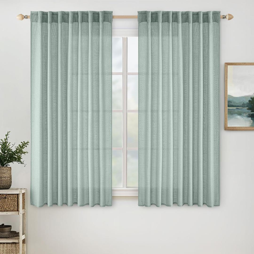 MIULEE Aqua Blue Linen Curtains 54 Inch Length 2 Panels for Bedroom Living Room, Soft Thick Linen Textured Natural Short Window Drapes Semi Sheer Light Filtering Back Tab Rod Pocket Burlap Look Decor