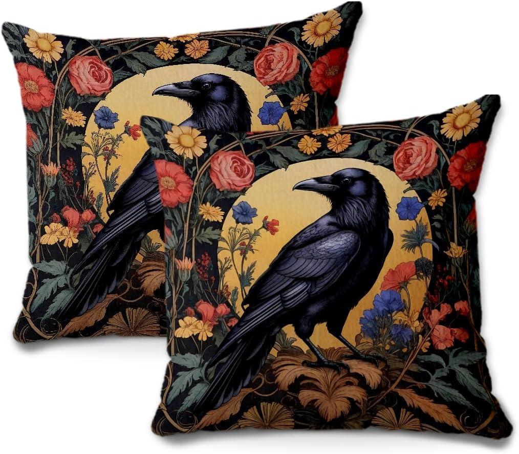 2 Pcs Abstract Vintage Floral Velvet Black Crow Throw Pillow Covers 18x18 Inch, Retro Art Decor Pillowcase Square Cushion Covers, Black Crow Decor Pillows for Couch Sofa Living Room Bedroom (Multicolor 1343)