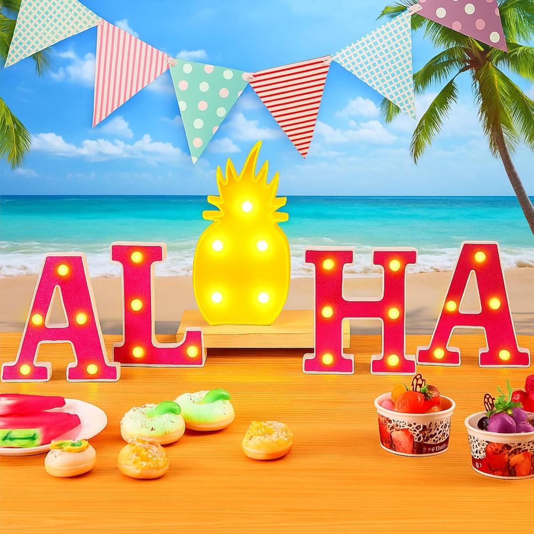 Honoson 5 Pcs Hawaiian Luau Aloha Party Decoration Aloha Letter LED Pineapple Lights Sign Summer Tropical Table Decorations Tropical Hawaiian Tiki Summer Beach Pool Party Supplies