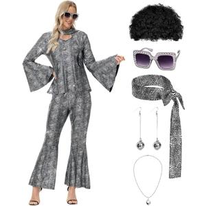70s Disco Costume for Women - 1970s Disco Outfit with Wig, Earrings, glasses, Necklace, Headband, Sequin Top & Bell Bottoms (X-Large, Silver)