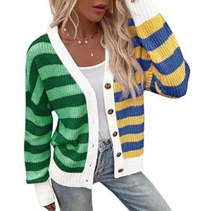 Saodimallsu Womens Striped Cardigans Color Block Button V Neck Open Front Ribbed Knit Loose Trendy Sweater Coats (Medium, Pink)