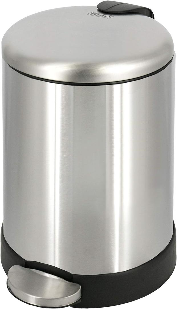 Glad Small Trash Can, 1.2 Gallon | Round Stainless Steel Garbage Bin with Soft Close Lid & Step Foot Pedal | Metal Waste Basket with Removable Inner Bucket, Stainless, 8 x 9.5 x 12 inches