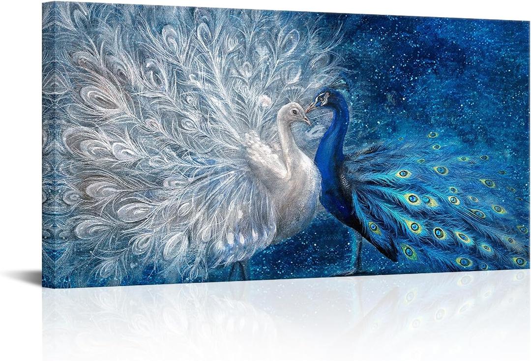 OuElegent Peacock Canvas Wall Art Blue and White Peacock Couple Painting Pictures Elegant Animal Artworks Romantic Kiss Artwork for Living Room Bedroom Wall Decor Ready to Hang 24"x48"