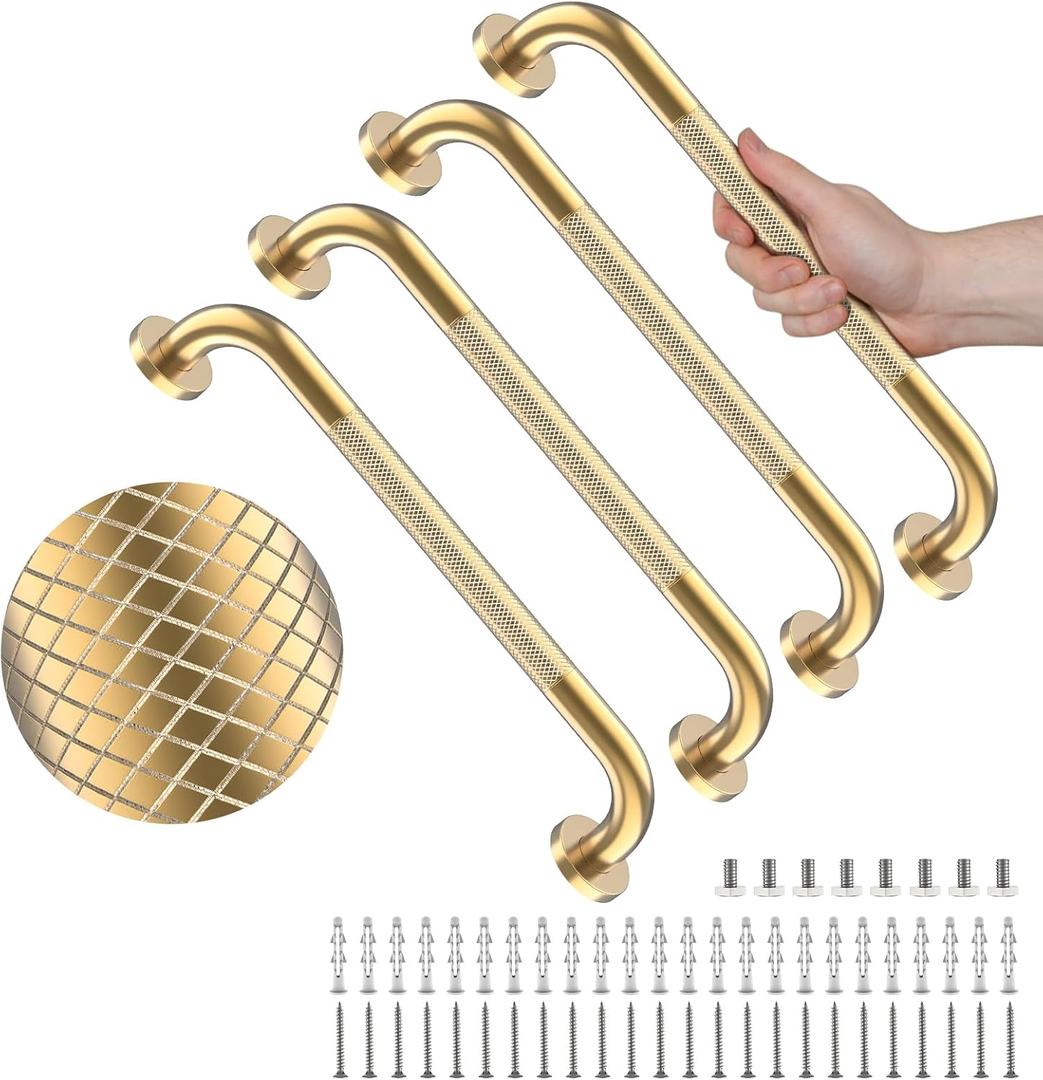 4 Pack 16 Inch Shower Grab Bar, YuanDe Gold Bathroom Grab Bar Handle w/Anti-Slip Knurled Grip, Stainless Steel Bath Balance Bar, 1" Diameter Safety Hand Rail Support,Handicap Injury Elderly Senior