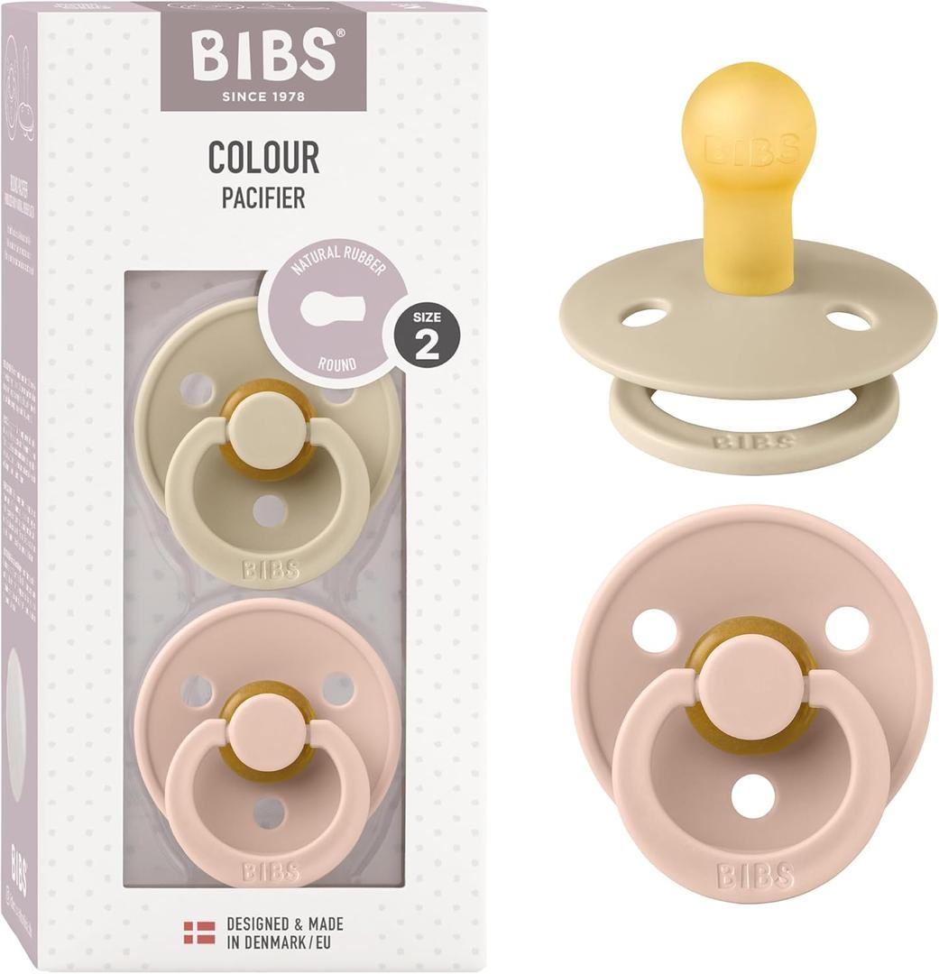 Bibs Pacifiers Color Collection, Set of 2 BPA-Free Latex Pacifiers Made in Europe, Round Nipple Baby Pacifier. (6+ Month (Pack of 2), Vanilla / Blush)