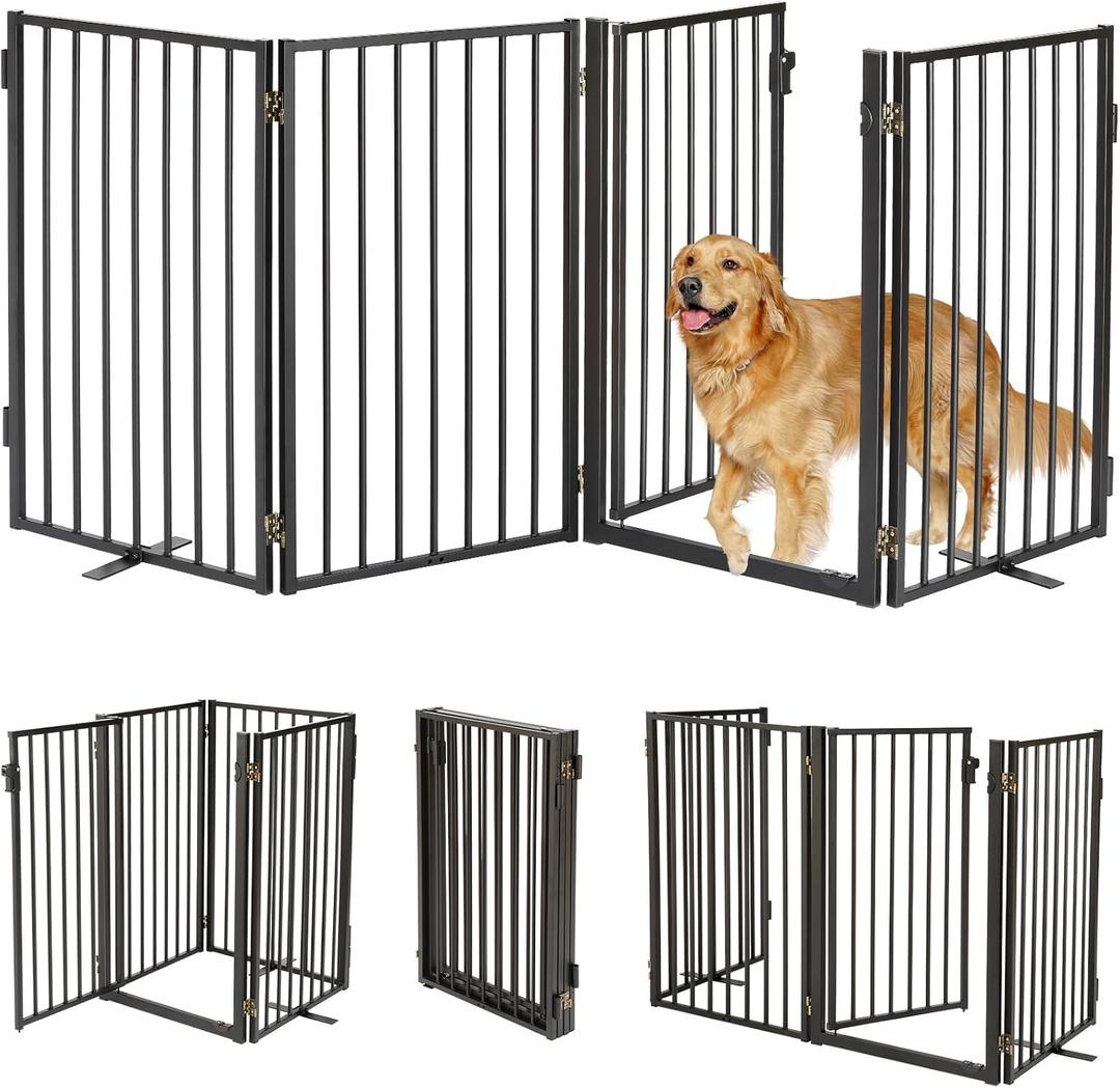 Metal Freestanding Dog Gates with Door for Outdoor Indoor,80'' Extra Wide 36'' Tall Free Standing Dog Gate for Doorways, Large Openings, Deck, Yard, Porch, Foldable Safety Pet Fence(Black,4 Panels)