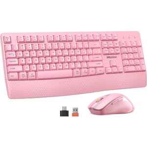 MEETION Wireless Keyboard and Mouse, Full-Sized Cordless Keyboard with Wrist Rest, 3 DPI Adjustable Mouse, Keyboard and Mouse Set with 2.4GHz USB Receiver, for PC/Computer/Laptop/Windows/Mac, Pink