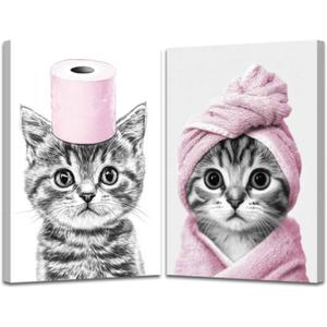 XLMDYYSW Funny Cat Bathroom Wall Art 2pc Black and White Picture Animal Toilet Paper Canvas Prints Cute Cat with Bathrobe Paintings for Restroom Decor Framed (Pink, 16.00" x 24.00" x 2PCS)