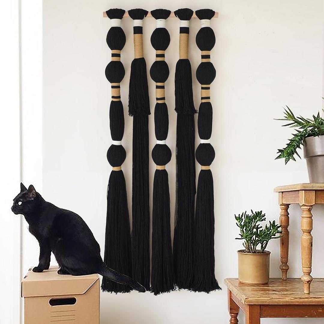 Flber Macrame Wall Hanging Black Sphericity Cotton Tassels Textile Hanging Geometric Yarn Wall Art for Bedroom Living Room Decor 15.7" W x 39" L