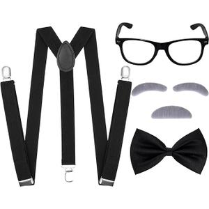 5Pcs Old Man Grandpa Costume Kit - Glasses, Gray Mustache and Eyebrows, Suspender, Bow Tie, 100 Years Old Costumes Accessories Set
918