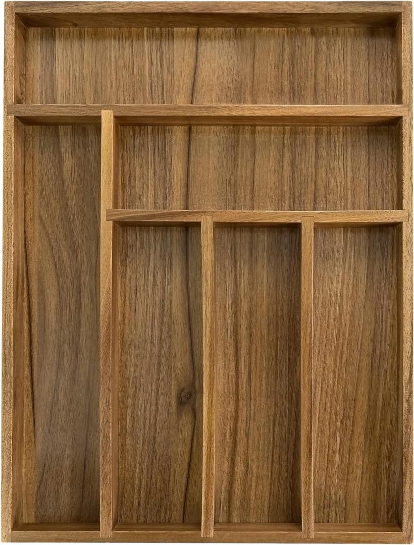 Luxury Acacia Kitchen Drawer Organizer - Silverware Organizer - Utensil Holder and Cutlery Tray with Grooved Drawer Dividers for Flatware and Kitchen Utensils (6 Slot)