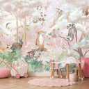 Kids Safari Wallpaper Butterfly Fox Forest Animal Wallpaper Mural with Pink Background for Girl's Room Decoration(Not Self-Adhesive)