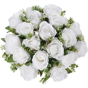 White Cemetery Flowers - 18 Silk Rose for Grave Decorations-Outdoor Memorial Grave Flowers for Cemetery