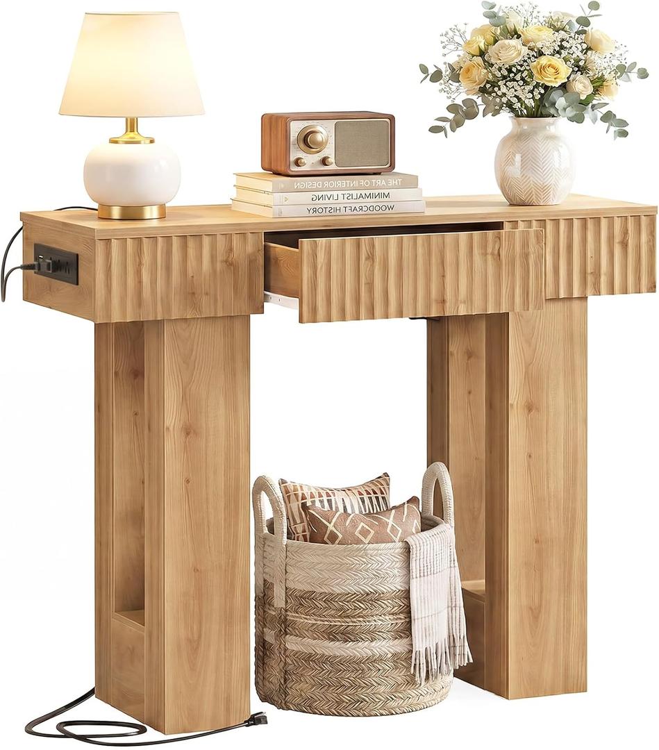 Unikito 39" Console Table with Storage Drawer and Outlets, Fluted Design, 39IN