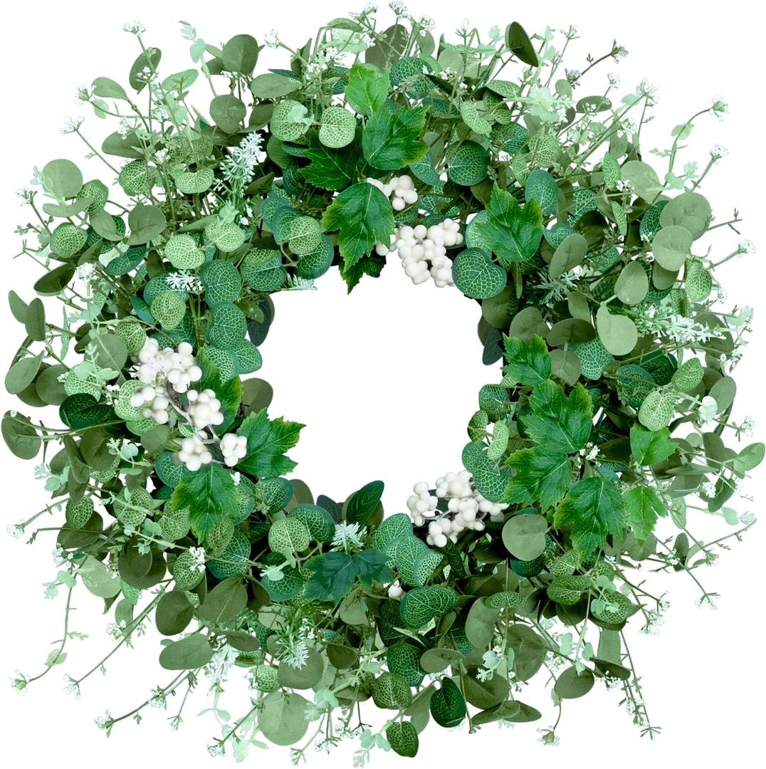 Qingbei Rina Spring Wreaths for Front Door 22-24 Inch, Eucalyptus Door Wreath with White Berry, Maple Leaf, Green Leaf Wreaths Indoor Outdoor, Farmhouse All Seasons Porch Home Decor