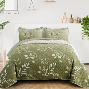 Anibedding Floral Queen Quilt Set,3 Piece Olive Green Flower Pattern Bedspread Coverlet Set for All Season,Gradient Green Soft Lightweight Microfiber Bedding Set (96"x90")