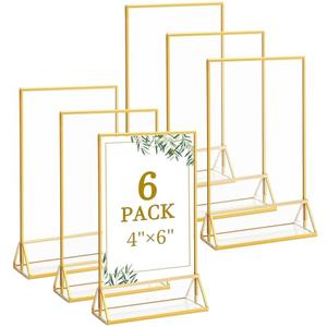 Floroom 6 Pack 4x6 Inch Clear Acrylic Sign Holders, Double-Sided Gold Display Stand Picture Frames for Table Numbers, Menus, Flyers, Weddings, and Offices