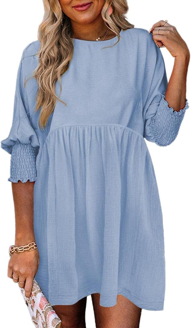 Dokotoo Womens Summer Dresses Casual Tunic Dress Short Sleeve Crew Neck Flowy Babydoll Dress (X-Large, Sky Blue)