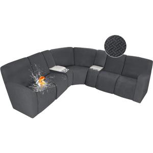 ALIECOM 100% Waterproof Recliner Sectional Couch Covers L Shape Stretch Corner Reclining Sectional Sofa Cover Washable Recliner Slipcover Protector for Dog Pet (5 Seat and 2 Console, Gray) (Grey)