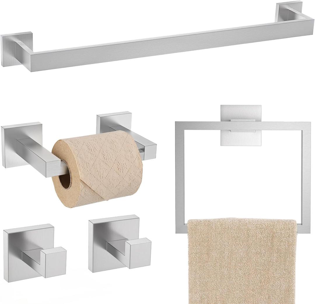 TQKAG Brushed Nickel Bathroom Hardware Accessories Set 5 Pieces, Double Post Pivoting Toilet Paper Holder Set Stainless Steel Square Bathroom Towel Bar Holder Set Wall Mounted