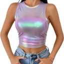 Floerns Women's Metallic Glitter Crew Neck Tank Top Ruched Sleeveless Party Crop Tops, Large, Purple