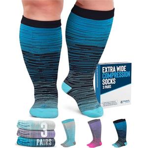 Doctor's Select 3 Pairs Plus Size Compression Socks Wide Calf - Up to 6XL | 20-30 mmHg Compression Socks for Women Wide Calf Blue, Light Blue, Purple & Pink (Stripes)