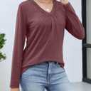 Womens Long Sleeve T Shirts V Neck Ruched Tops Loose Fit Pleated Tee Dressy Casual Tunic Blouses Fall Clothes (S)