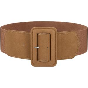 JASGOOD Women Wide Stretchy Belt for Dress Wide Suede Elastic Belt with Vintage Chunky Square Buckle (Fit Waist Size 30"-33", Brown)