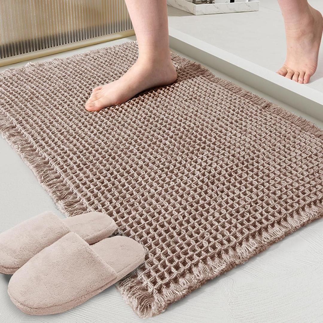 ZALL Tan Waffle Bath Mat, Super Absorbent Non Slip Bathroom Rug, Brown 17x24inch, Machine Washable Ultra Soft Floor Mats