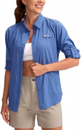 Womens Sun Protection Fishing Shirt with Zipper Pockets Lightweight SPF Long Sleeve Shirts for Hiking Safari Grey Blue, Small