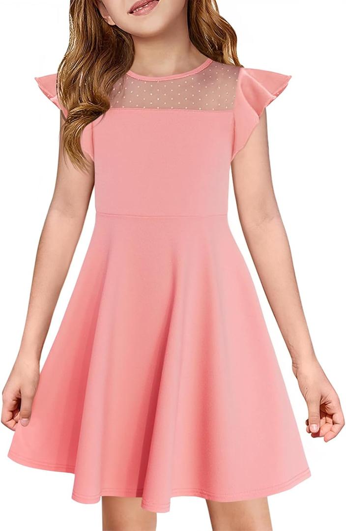 Haloumoning Girls Dress Summer Ruffle Sleeve Mesh A Line Casual Party Dresses with Pockets for Kids, Pink, 9-10 Years