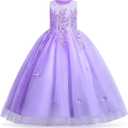 Girls Flower Vintage Lace Princess Long Dress for Kids Tulle Pageant Formal Party Wedding Floor Dance Evening Gown (7-8 Years, Light Purple-applique)