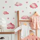 2 Sheets Pink Clouds Stars Wall Stickers, sacinora Art Wall Decals Removable Vinyl Peel and Stick Kids Baby Girl Nursery Bedroom Toddler Room Kindergarten Home Decorations