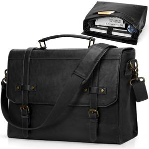 RAINSMORE Mens Messenger Bag 17 Inch Waterproof Vintage Leather Laptop Briefcase Large Laptop Bag Satchel Bag Computer Shoulder Bag for Office Business Travel College, Black