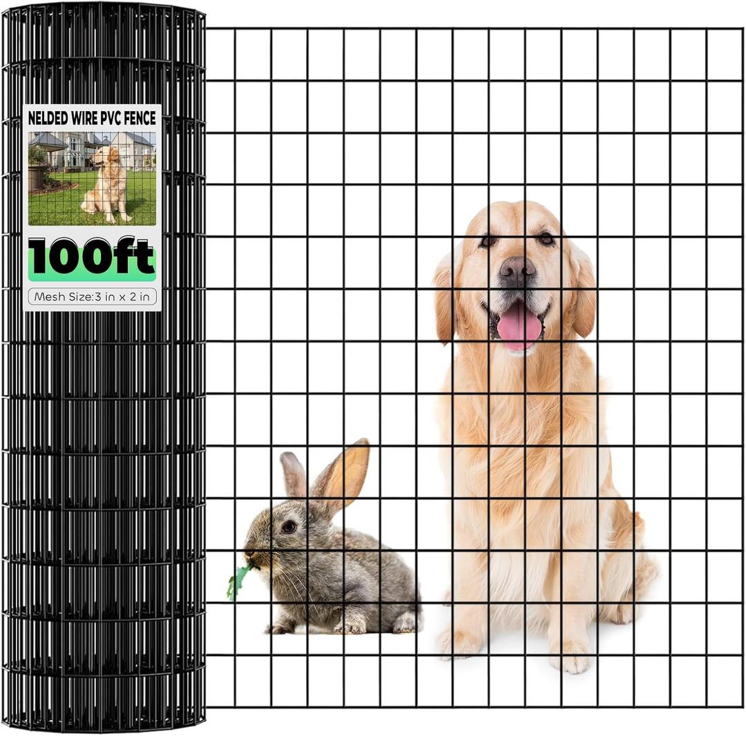 Welded Wire Fencing 36 Inch x 100 Foot, 2 Inch x 3 Inch 16GA Black Hardware Cloth PVC Coated Garden Border Fencing Roll Vinyl Coating Metal Wire Mesh for Yard Vegetable Goat Protection Poultry Netting